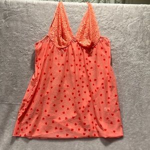 Halter teddy; coral color with red hearts.